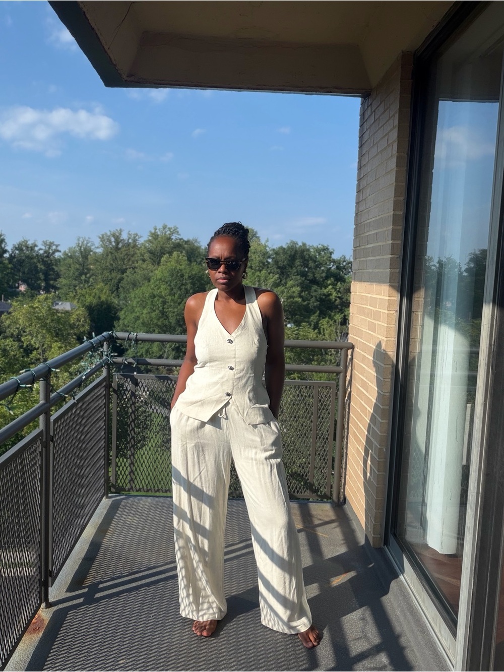 Lush & Linen Ivory Linen Blend Vest & Wide Leg Pants Set M